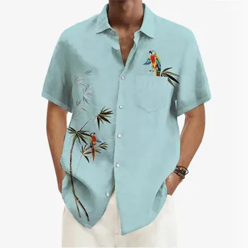 קיץ מזדמן החולצה לגברים דש שרוול קצר חולצות הוואי בקיץ ציפורים הדפסה Tees אופנה כיס גדול פשוטה גג חדש