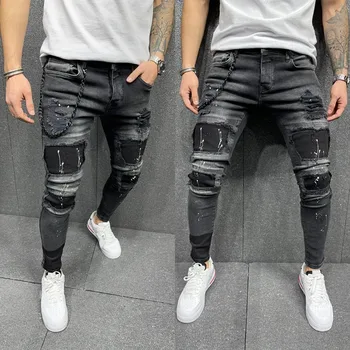 חדש 2023 גברים ג 'ינס היפ הופ קרע סלים מכנסיים מתיחה אביב