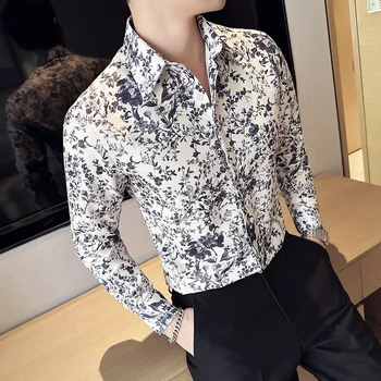 קיץ בציר תלת מימדי הדפסה גברים מזדמנים החולצה 2023 חדש קוריאני גרסה שמלת מסיבת חולצת גברים מחודד-צוואר טוקסידו החולצה
