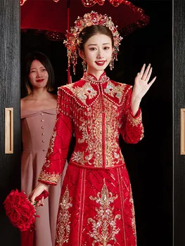 מעולה חרוזים פאייטים רקמה הכלה שמלת כלה בסגנון סיני נישואין סט תחפושת מזרחי טוסט בגדים