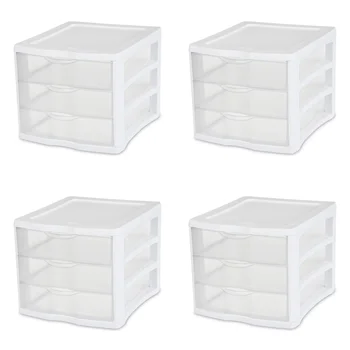 Sterilite 3 מגירה יחידה פלסטיק, לבן, סט של 4 תיבת אחסון אחסון קופסאות & סלים