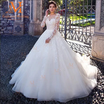 שמלת החתונה Vestidos דה נוביה על אישה החלוק Mariee Boda Casamento שמלת נשף Mariage הכלה אפליקציות טול נצנצים שרוול ארוך