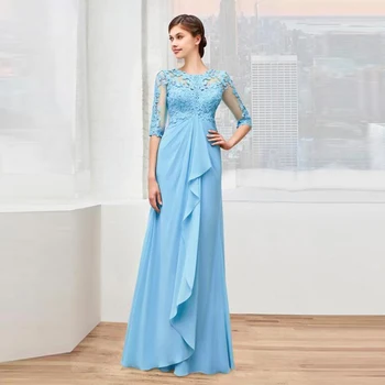 2022 מקסים שמיים כחולים תחרה האמא של הכלה שמלות שרוול שלושת רבעי O צוואר שיפון אורחים חתונה שמלות Appliqued