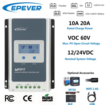 EPEVER MPPT Solar Charge Controller מקור פאנל סולארי 20A 10A VOC 60V חיישן טמפרטורה MT50 WIFI2.4G