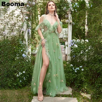 Booma רקמת תחרה ירוקה ארוכה שמלות לנשף ספגטי רצועת קפלים הרגל בצד שסף נשים שמלות ערב שמלות מסיבת יום ההולדת.