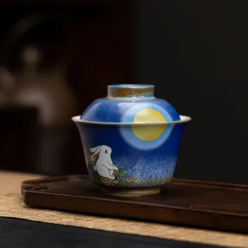 ארנב Gaiwan לתה קרמיקה Tureen עם מכסה Teaware סיני כחול תה קערה תה Ceremoney Chawan לילי דנג של החנות.