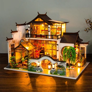 חדשות Diy עץ בתי בובות יפני עתיק Casa מיניאטורי בניית ערכות עם ריהוט Led הבובות למבוגרים מתנות חג המולד