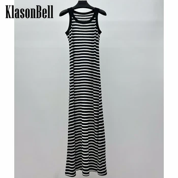 7.2 KlasonBell אופנה ניגוד צבעי פסים פשתן סרוגים שמלה ארוכה נשים
