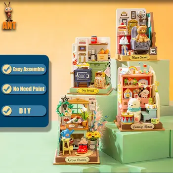 3D Diy Mini הבית עם רהיטים ספרים מדומה מזון, צעצועים לילדים, צעצועים מיניאטוריים הבובות מטבח עץ לילדים צעצוע מתנות