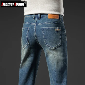 גברים אופנה סלים ישר ג 'ינס רטרו נוסטלגי עיצוב שטף זיף למתוח ג' ינס מכנסיים עסקי מזדמן סתיו איש המכנסיים