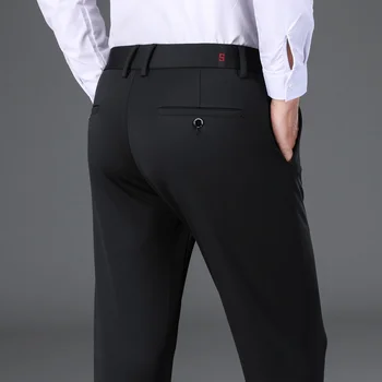 סתיו חדש לגברים ניילון ארבע דרך למתוח מזדמנים מכנסיים עסקי אופנה גבוהה אלסטי צבע מוצק ישר מכנסיים זכר מותג