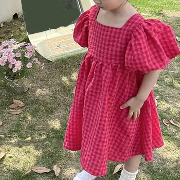 2023 חדש בסגנון קוריאני פאף שרוול שמלת נסיכה הלבוש קצר השרוול חצאית שמלה רופפת ילד בגדי ילדים להתלבש