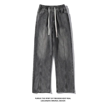 2023 אביב ניו ג 'ינס של גברים הונג קונג בסגנון לבן קרקעיות רגל ישרה' ינס גודל גדול נשטף רחוב מזדמנים מכנסיים 5XL