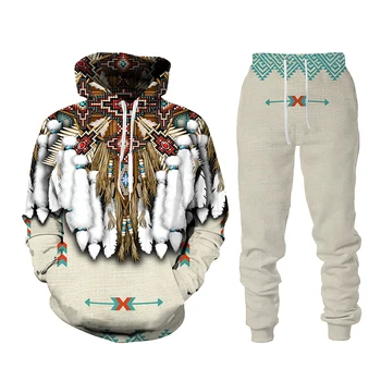 הודי יליד תרבות 3D מודפס קפוצ ' ונים מכנסיים להגדיר אמריקאי יליד השבט רוח ברדס סוודר בגדי גברים אימונית