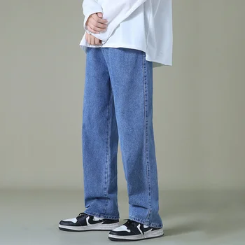 אופנת רחוב של גברים כחול רחב הרגל ג 'ינס חדש, סתיו סגנון קוריאני אופנה ישר רחבים מכנסי ג' ינס תלמיד העשרה מכנסיים