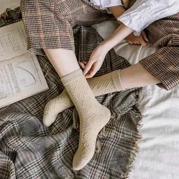 נשים רטרו גרביים סרוגים צבע מוצק אופנה חורף חם עיבוי קשמיר צמר גרביים בנות התיכון צינור תרמי, גרביים
