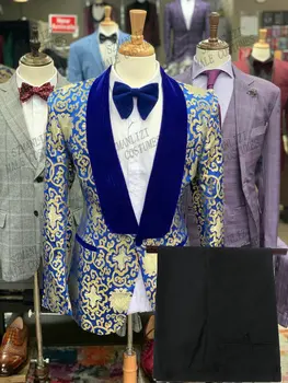 2021 אופנה עיצוב תלבושות Homme כחול מלכותי זהב פרחוני חליפות גברים החתונה החתן טוקסידו Terno Masculino Slim Fit החליפה 2 חתיכות