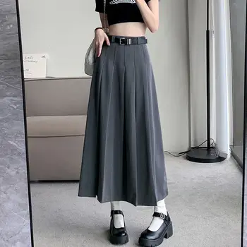 2023 אופנה חצאיות ארוכות נשים גבוהה המותניים Y2K Midi חצאית קו אביזרי מקרית קוריאני חליפה אפורה עם קפלים החצאית Faldas Mujer AC512