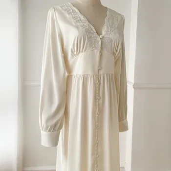 תחרה V-צוואר כתונת נשים Nightdress שרוול ארוך-לילה השמלה עם כפתור חלוק הקיץ החלוק Sleepdress Loungewear