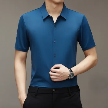 2023 הקיץ של גברים שרוול קצר חולצה Traceless צבע מוצק אלסטי איכות בגיל העמידה עסקי מזדמן חולצת גברים