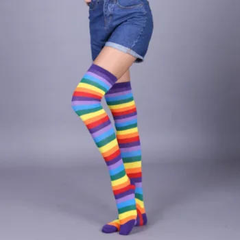 קשת פס ארוך גרביים צבעוניות מעל הברך ירך גבוהה גרבי נשים בנות צינור ארוך גרבי ברך גבוהה
