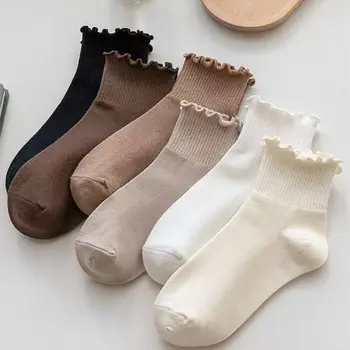 3Pairs נשים כותנה גרביים רבע אופנה מוצק צבע יפה מקושט עם קצוות השרוול נסיכה בנות אביב, קיץ, סתיו, חמוד גרביים