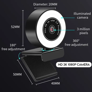מצלמת אינטרנט USB LED מחשב המצלמה מתכוונן לבן 5500K מצלמת אינטרנט עם מיקרופון 2K משולש סוגריים.