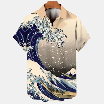 רטרו גל האוקיינוס 3d Printing של אנשים הוואי חולצות מזדמנים אופנה הקיץ של גברים חולצות בתוספת גודל עם שרוולים קצרים דש רופף לכל היותר