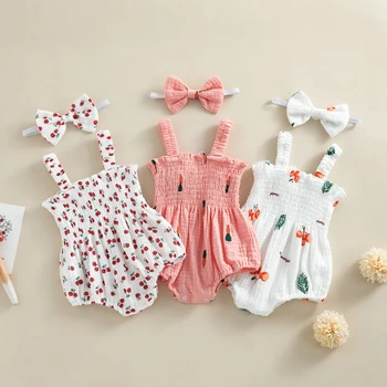 תינוקת יפיפיה תלבושות קיץ ללא שרוולים שרי/גזר/עץ הדפסה הוללות עם סרט חמוד בייבי בגדי הגוף Sunsuits