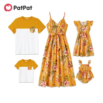 PatPat המשפחה תלבושות תואמות כותנה קצר שרוול Colorblock חולצות Allover פרחוני הדפסה חגור רצועה שמלות סטים