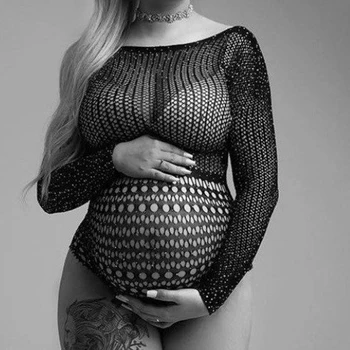 ברק סקסי תחרה שמלות הריון צילום אביזרים שחור רשת שמלת נשים בהריון בגדי הריון צילומי סטודיו Accessor