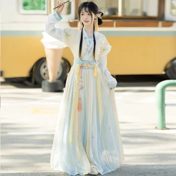 סינית צוואר עגול באורך המותן מקשה אחת עם קפלים החצאית יומי שושלת טאנג יומי Hanfu השמלה סט מזרחי מסורתי Vestidos