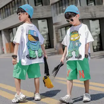 אופנה הקיץ נער בגדים לבנים Hiphop קוריאנית החולצה מזדמנים מכנסיים קצרים 2Pcs קובע נאה קריקטורה החליפה 4-13Y