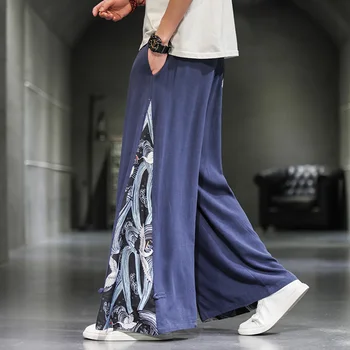 Hanfu סינית מסורתית רחב הרגל רחב הרגל מכנסיים של גברים אתני פנאי מכנסיים קונג פו המכנסיים