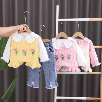 סתיו סטים לילדים בגדי תינוקות בנות 3pcs תלבושת החורף שלושה פרחים סוודר החליפה אופנה תינוקות ילדים תחפושת 1-5 שנים