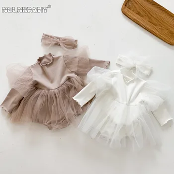 סתיו תינוק בייבי בנות פאף שרוול מוצק צבע תחרה שמלת היילוד ילדים סרבלים תינוק כותנה bodysuits+headbands 0-24M
