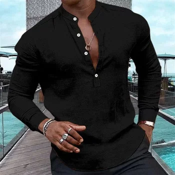 אופנה גברים שרוול ארוך צבע מוצק חצי קרדיגן הנלי צווארון החולצה ורודה שרוול ארוך חופשה בהוואי חולצה קיץ מזדמן
