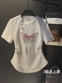חדש בסגנון סיני דיסק אבזם גיל הפחתת נשים חולצות רקמה ציצית Kawaii חמוד מתוק Tees קפלים סלים הקיץ מקסימום