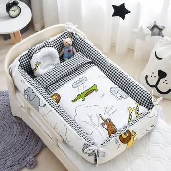 היילוד קריקטורה נייד מיטת כותנה מודפסים התיכון מיטת התינוק לשחק במיטה להסרה התינוק הקן עם שמיכת תינוק מתקפלת למיטה