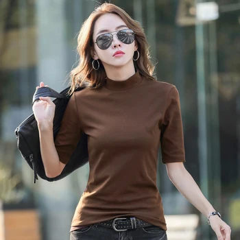 סלים בסיסי חולצות לנשים חולצת טי חצי צווארון כותנה חולצת סגנון קוריאני אישה בגדי חולצת טריקו פאטאל Camisetas Mujer
