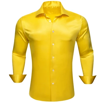 יוקרה משי על חולצות גברים שרוול ארוך סאטן Mercerized זהב צהוב מוצק Slim Fit רגיל חולצות מזדמנים צמרות ברי וונג