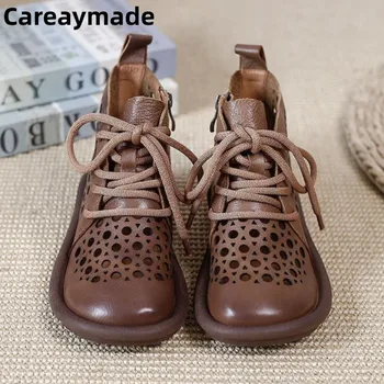 Careaymade-עור אמיתי מגניב מגפי נשים מגפי קיץ חלול לגזור את המגפיים החדשים נוחות לנשימה תחרה עד נעלי נשים אתחול