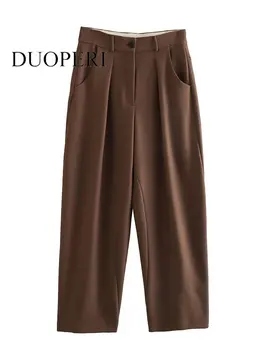 DUOPERI נשים אופנה עם כפתור בראון מוצק לפני רוכסן מכנסי וינטג ' שנות ה מותן באורך מלא נקבה שיק מכנסי נשים